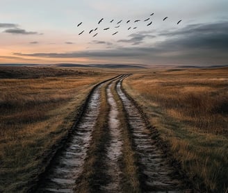 Abandoned wagon tracks winding into the vast prairie, orange twilight casting long shadows