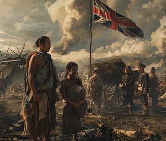 Māori family standing amid the smoking ruins of their home
