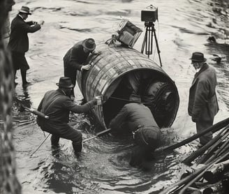 of rescuers pulling the battered barrel from the water.
