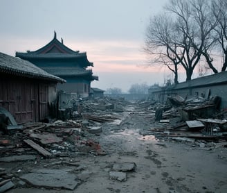 A collapsed imperial gate stands partially buried in earth