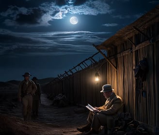 Boer prison camp at dusk, wooden enclosure under open sky, Churchill seated cross-legged inside 