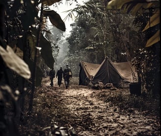 the captured guerrilla camp. Tents, weapons, and scattered supplies 