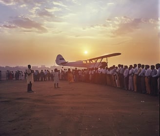  small Tata Airlines plane taxiing to a stop on the dusty runway as a waiting crowd applauds