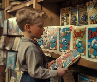  child picking up a comic book featuring the Smurfs for the first time