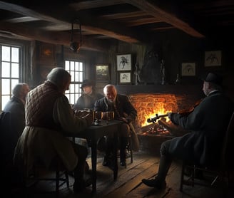 Inside a warm tavern off Long Wharf, 1716 Boston, patrons in quilted vests and suede shoes