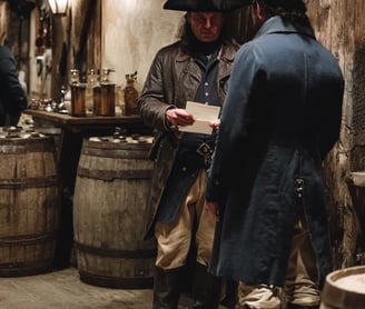 Boston tavern back room, 1775, a messenger in a leather greatcoat hands a sealed envelope