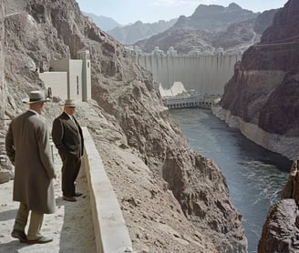 the top of the Boulder Dam, with President Roosevelt and his entourage walking along its edge.