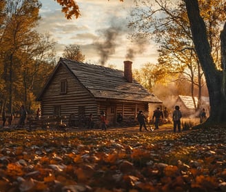Building the Schoolhouse: Settlers with axes and saws construct a modest log schoolhouse