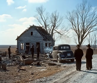 Burned-out shack on the outskirts of Herrin, Illinois, smoke still rising from splintered wood
