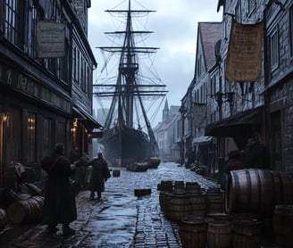 Bustling European port city under gray skies, merchants angrily reading posters