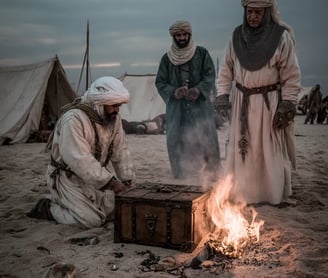 Baibars in silk caftan and jeweled turban; gold dinars spill from an ornate chest