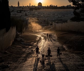 alm golden sunset casting long shadows over Jerusalem’s walled Old City