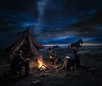 Texas Rangers at campfire, eating stew, journaling, starry sky.