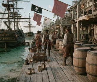 Late afternoon on a wooden quay, pirates offload stolen cargo under flapping Jolly Roger flags