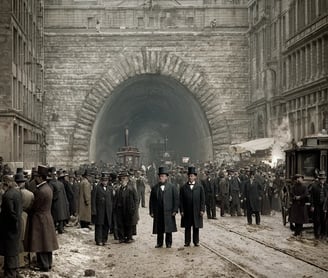 new tunnel portal at Dearborn Street: clatter of horse-drawn carriages and gas-lit street lamps