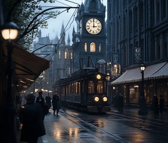 City street at dusk, synchronized clock towers across rooftops glowing in harmony