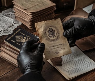 Close-up of hands in leather gloves receiving a freshly printed passport