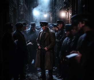 cold back alley behind the venue, Sullivan in wrist restraints, coat draped over his shoulders