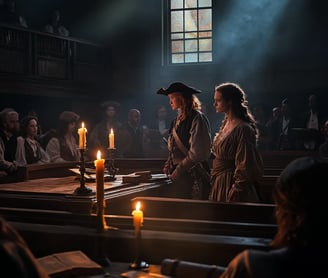 colonial courtroom in Spanish Town, Jamaica, Anne Bonny and Mary Read standing defiant