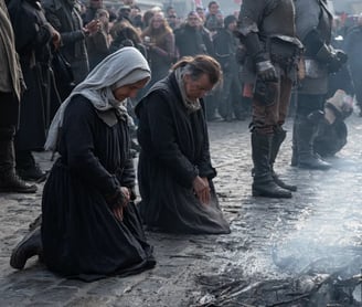 Mourning followers in dark wool cloaks and kerchiefs kneel in silent prayer