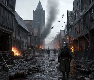 Post-conflict Utrecht with ruined medieval streets and solemn townsfolk after political violence.