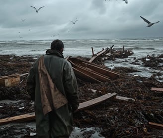 Early morning near Saint-Malo, gray skies over a desolate, wind-swept beach, wreckage of the Hilda