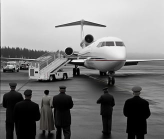  airport near Eugene, Oregon in spring 1963, the Boeing 727 descends onto a shorter runway