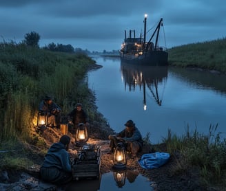 evening along the canal, oil lanterns reflecting in the still waters, workers seated by campfires