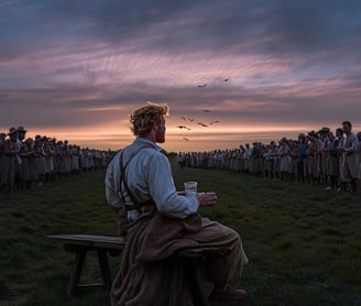 Evening light bathing the field, Thomas Morris sitting exhausted on a wooden bench