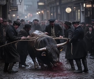 nal moments of the last Stamford bull run, burly townsmen wrestling the exhausted bull into submissi