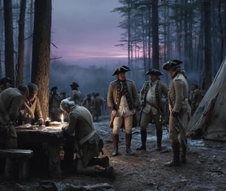 Washington, cloak draped over one arm, signs a parchment surrender