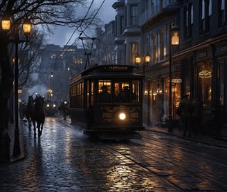 gas lamps casting soft halos on slick cobblestones, streetcar rumbling quietly under starry night