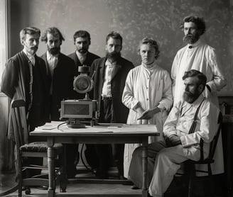 group of doctors gathered around an early X-ray machine