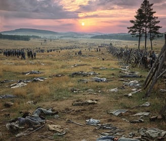 Cemetery Ridge at sunset: shattered Confederate banners lie on scorched yellow grass stained with tr