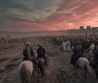 Saladin dismounts before a line of bound Crusader nobles in woolen cloaks