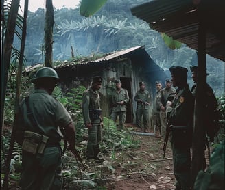  Bolivian soldiers standing outside the schoolhouse after Guevara’s execution.