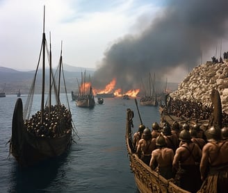 aftermath of the Battle of Salamis. The waters are littered with broken Persian ships and floating d