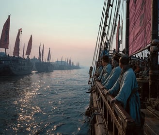 East China Sea, Sunset 1405: Reflection at Sea Golden-hour light glints off a line of 120-meter ship