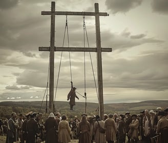 the lifeless figure of André hangs from the gallows.
