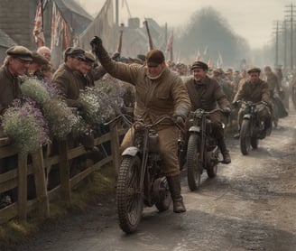 triumphant rider in a saffron sash and leather gauntlets raises a hand atop his motorcycle
