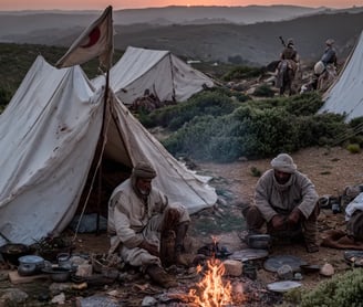 Berber tents of camel-hair cloth, central fire with warriors in turbans and wool breeches