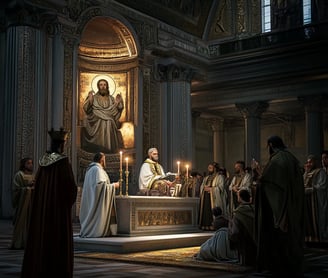 Theodosius receives blessing in Constantinople basilica, golden mosaics, prayer.