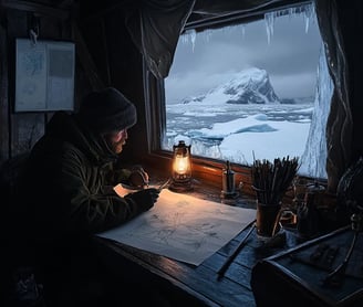 Inside a candlelit cabin, Palmer sketching coastline outlines by oil lamp