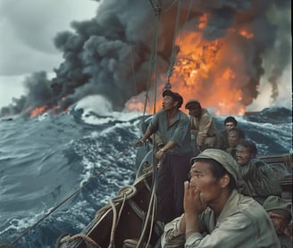 crew of fishermen looking up in shock as flaming wreckage from the spy plane splashes into the sea