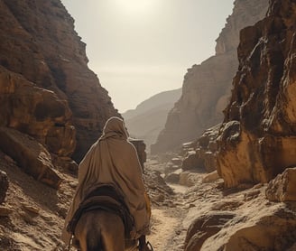 Willibald travels across the harsh Judean desert, sun glaring above, as he rides a mule