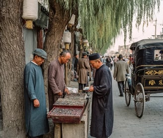 narrow Kaifeng alley, 1200, a street vendor in cotton tunic and wooden clogs displays smoke-quartz s