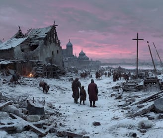 Kyiv: broken wall fragments, charred wooden roofs, and ruined onion-domed churches lie half-buried