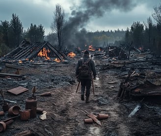 Late afternoon, smoldering remains of Fowltown under cloudy skies