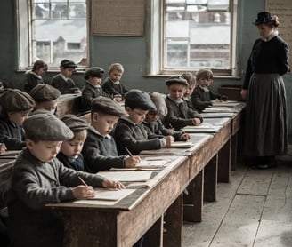 Liverpool classroom early 1871, rows of wooden desks and slate boards fill a bright room