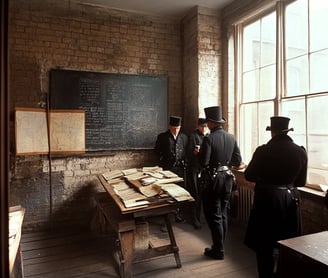 modest interior of an early London police station in 1829, with brick walls and wooden desks.